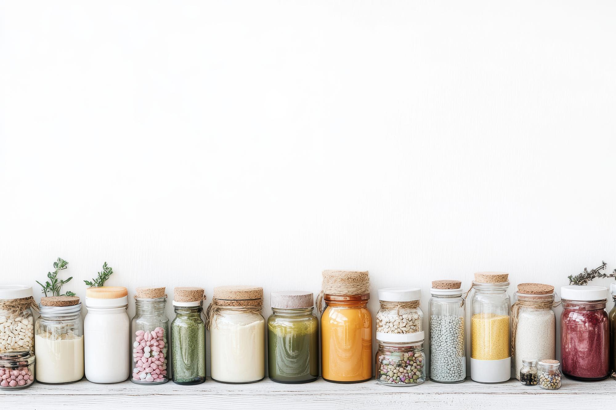 studio counter with jars of spices and stacked bowls